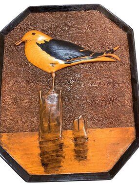 Hand-Carved Wooden Bird Wall Art Plaque With Textured Background & Octagonal Fra